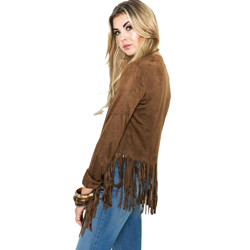 

Tassels fringed hem long sleeved cardigan jacketoutwear small coat for women