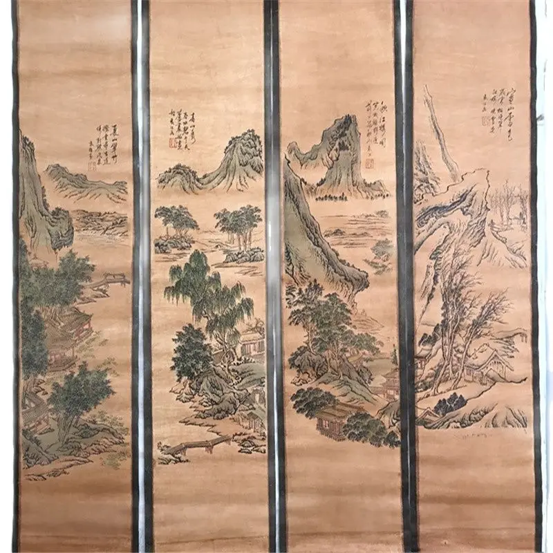 

China Old Scroll Painting Four Screen Paintings Middle Hall Hanging Painting Calligraphy Landscape In Four Seasons Drawing