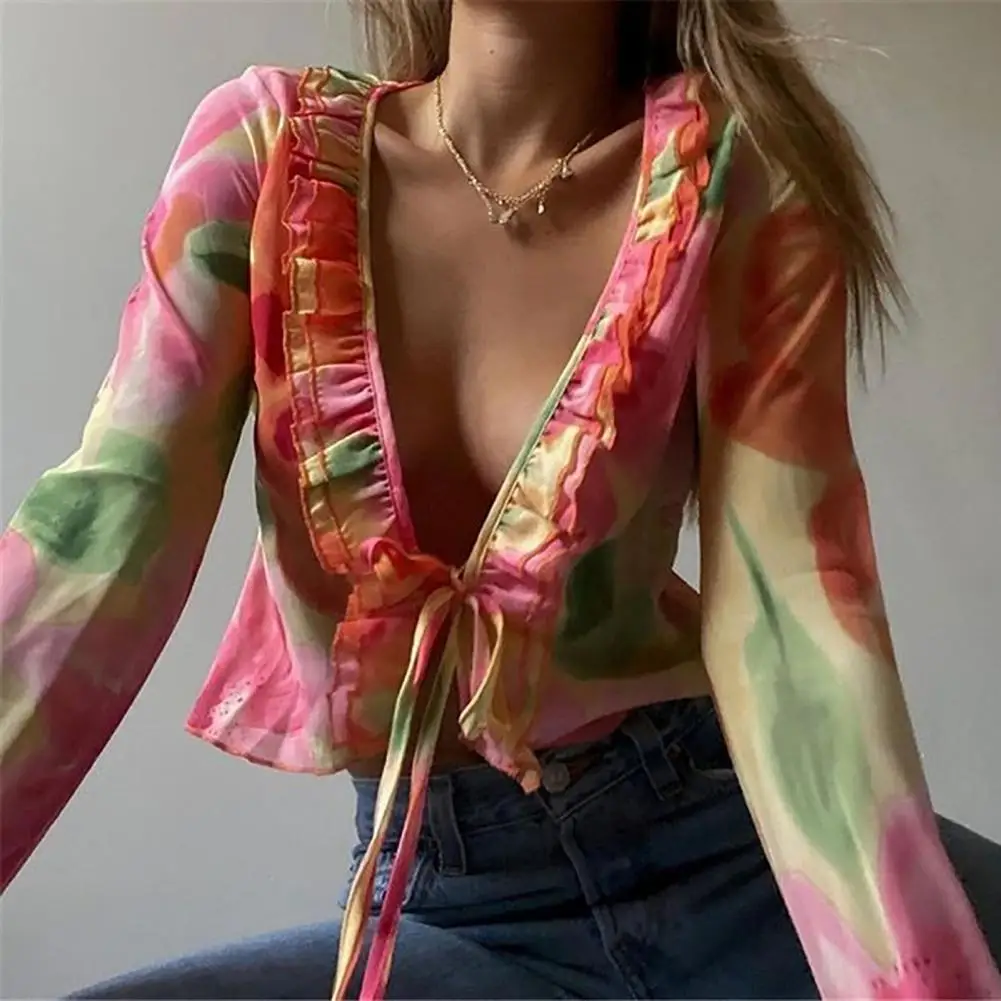 

80% Dropshipping!!Blouse Chiffon Navel Exposed Mini Women Floral Printing Blouse for Party