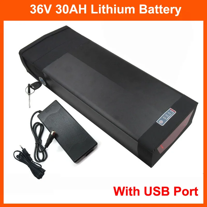 

1000W 36V 30AH Rear Rack Battery 36V 10S Ebike Lithium Battery Pack With USB Port and Tail light 42V 2A Charger