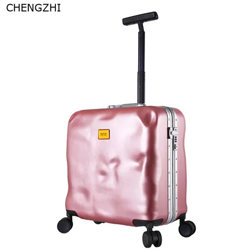 rose gold CHENGZHI Высокое качество 18 дюймов личность Сумки на колёсиках spinner колеса для мужчин и женщин Путешествия carry on тележка чемодан - Цвет: rose gold
