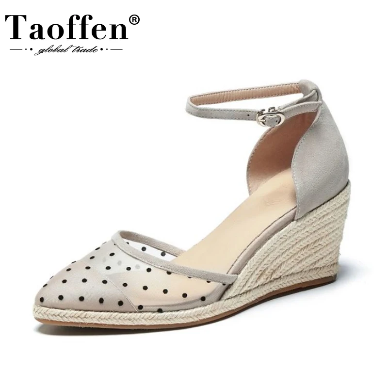 

Taoffen 2021 New Women Real Leather Sandals Pointed Toe Wedge Heels Buckle Strap Dot Pattern Sweet Female Footwear Size 34-39