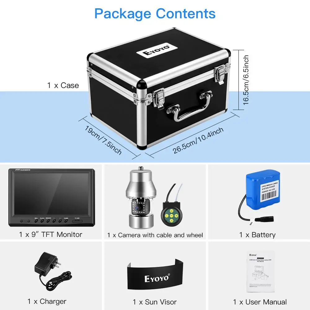 

Eyoyo EF360 9" Underwater Fishing Camera Video Fish Finder DVR 30m Large Color Screen 360 Horizontal Panning Ice Camera