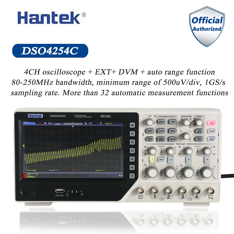 

Цифровой осциллограф Hantek DSO4254C, портативный 4-канальный 250 МГц ЖК-ПК + EXT + DVM + с функцией автоматического выбора диапазона