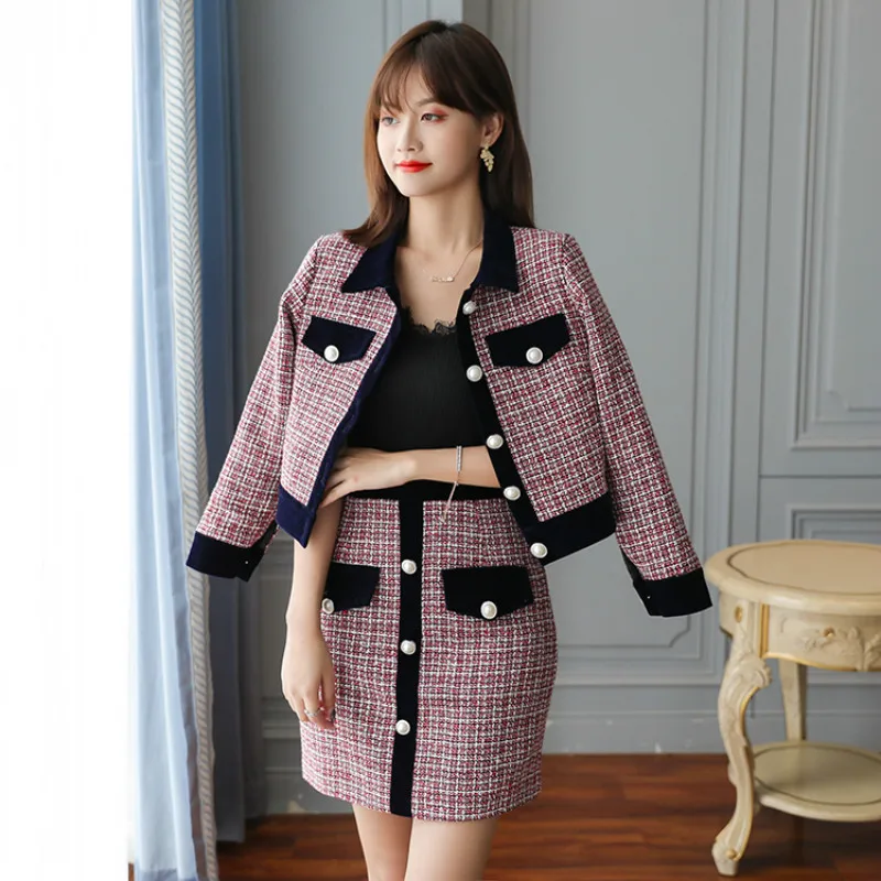 

Autumn New Women Tweed Vintage Two Piece Skirt Suits Sets Buttons Coat And A-line Skirt Outfits Sets Elegant Fashion 2 Piece Set