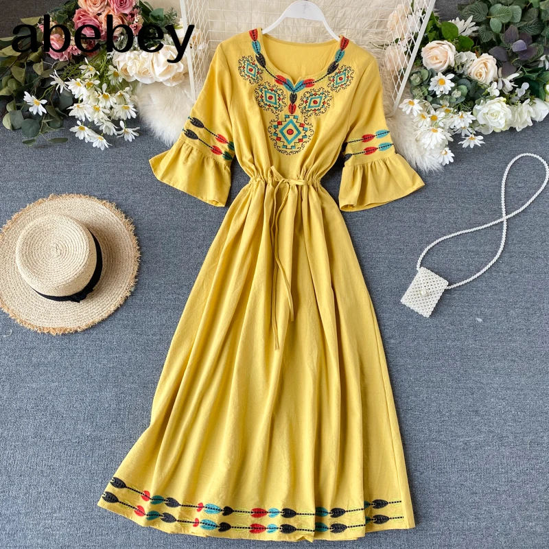 

Женское облегающее Платье макси с цветочным принтом, богемное платье с ручной вышивкой, Винтажный Длинный хлопковый пляжный сарафан с прин...