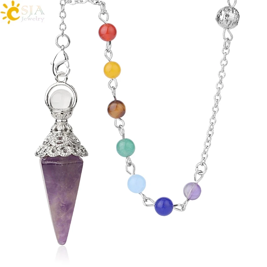 

CSJA Natural Stones Pendulum for Dowsing Divination 7 Chakra Chain Hexagonal Column Silver-color Cone Pendant Reiki Pendule G400