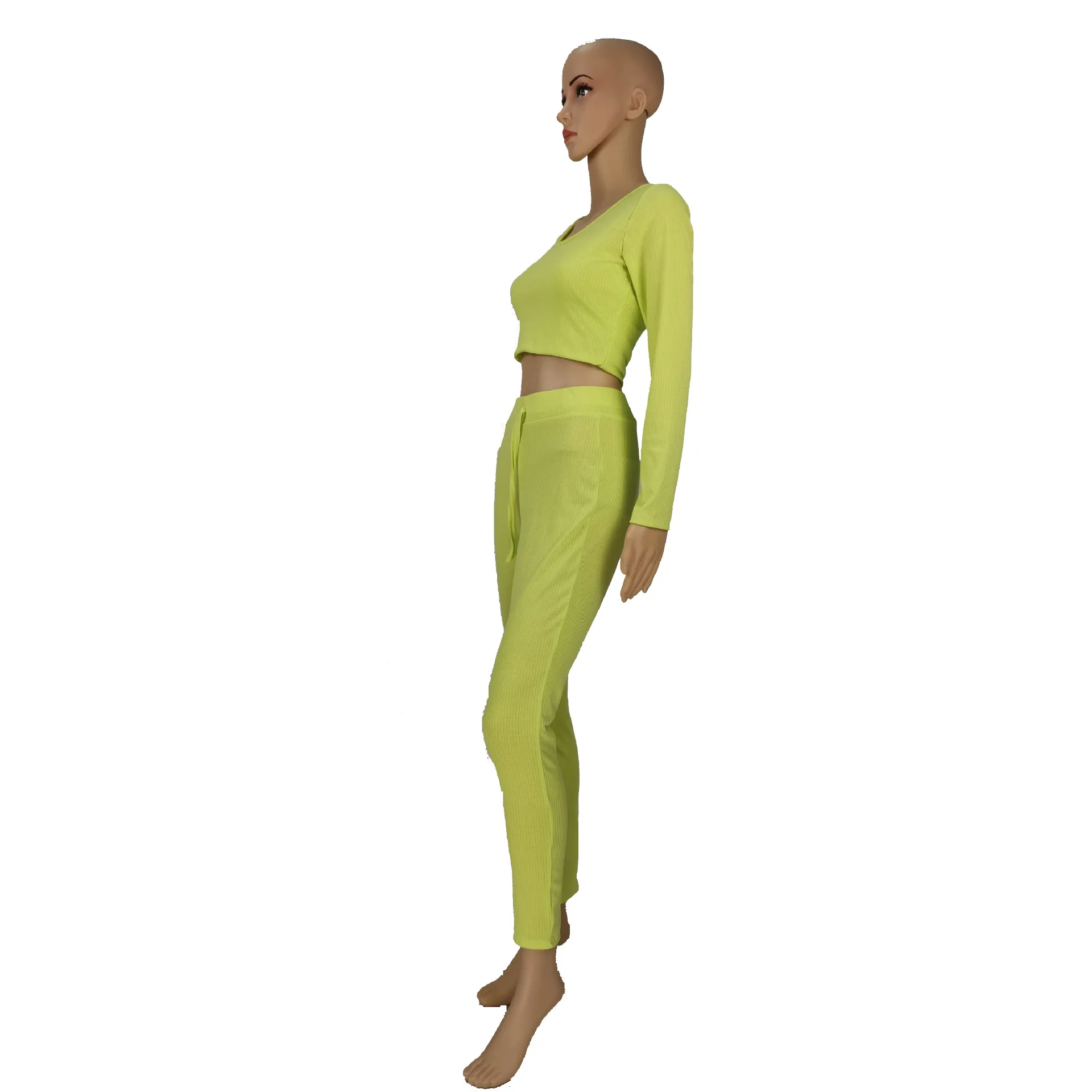 

OMSJ 2019 Fall Clothes Women Knitted Fluorescent Green Full Sleeve Crop Top+Pants Two Piece Tracksuit Ladies Casual Oufits Mujer
