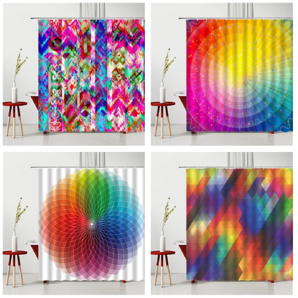 

Geometric Pattern Shower Curtain Colorful Curtain Creativity Modern Household Products Waterproof Polyester Fabric With Hooks
