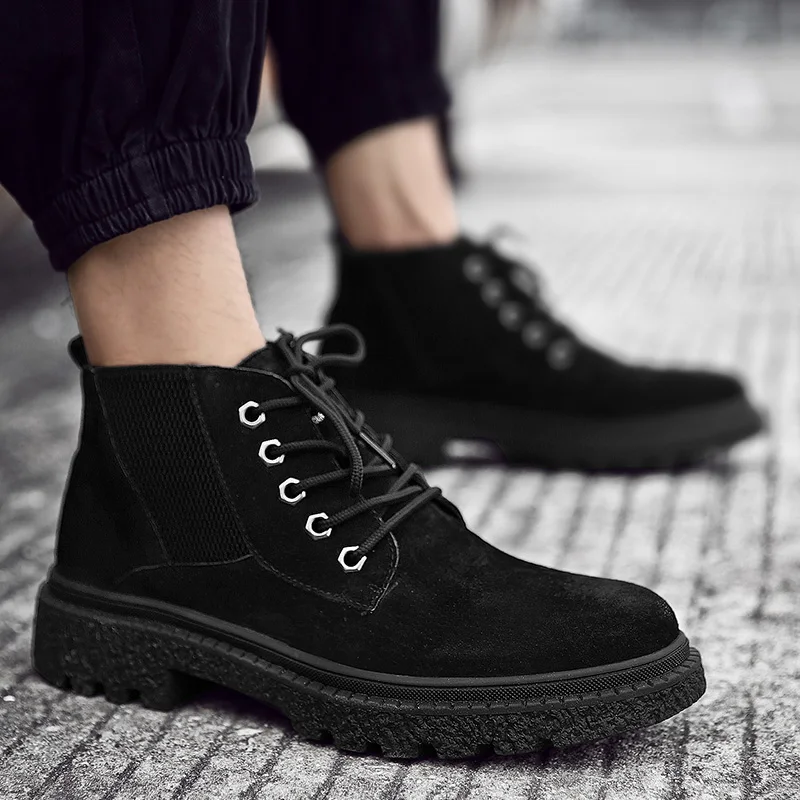 

Men High Top Leather sneakers shoes Winter Genuine Leather lace-up round head black flat casual shoes Men Boots 2019 New