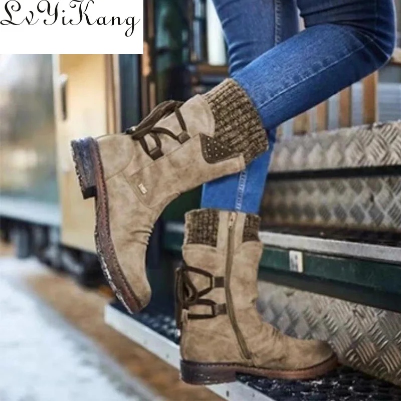 Женские зимние сапоги до середины икры винтажная обувь из флока женские модные