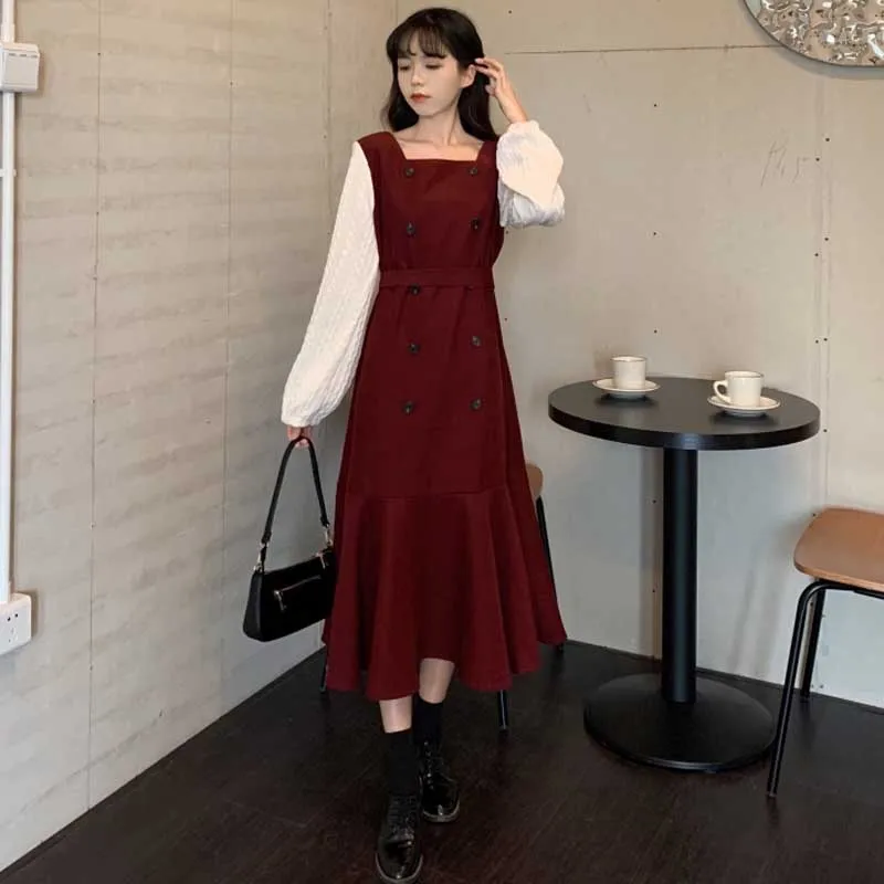 

One-Piece Lady Splicing Fake Two Dresses Korean Elegant Long Sleeve Dress 2020 Spring Autumn Fashion Women'S Dress Midi Dress