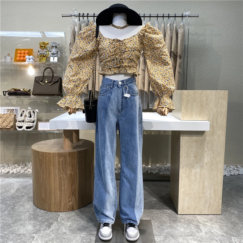 

Niche Design 2021 Patched Color High Waist Straight Leg Pants Vintage Hong Kong Style Loose Wash Jeans Pants