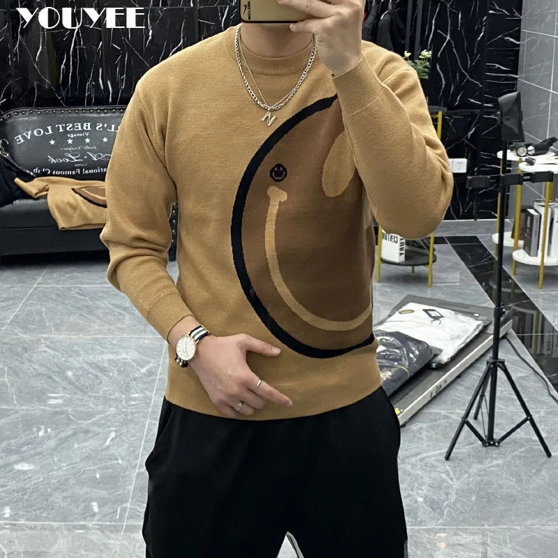 Men's Sweater New 2021 Popular Autumn Winter Thickened Smiling Face Printed Knitted Bottomed Shirt Pullover Tide Male Clothing