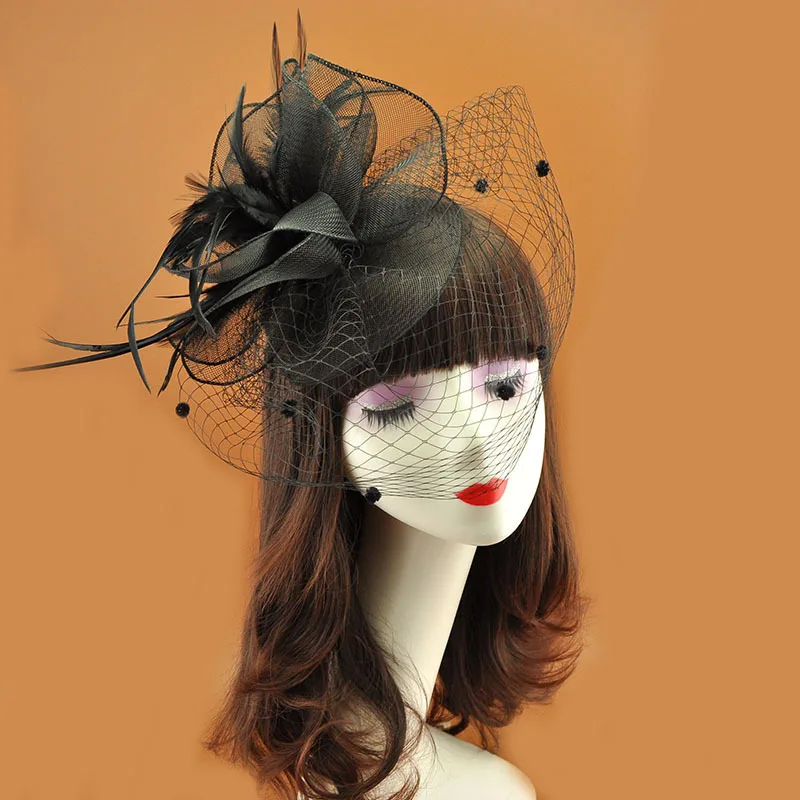 

JM17 Elegant Sinamay Fascinator Hats With Feather Flower Wedding Bridal Headwear White Bridal Hats Wedding Party Birdcage Veil