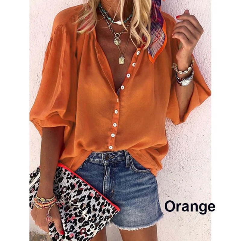 

Spring Autumn Women Tops V Neck Middle Sleeve Solid Color Buttoned Loose Casual T-shirt for Party Travel Vacation TC21