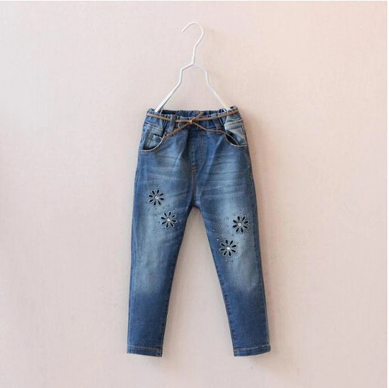Осенние джинсы для девочек джинсовые штаны детские с вышивкой однотонная