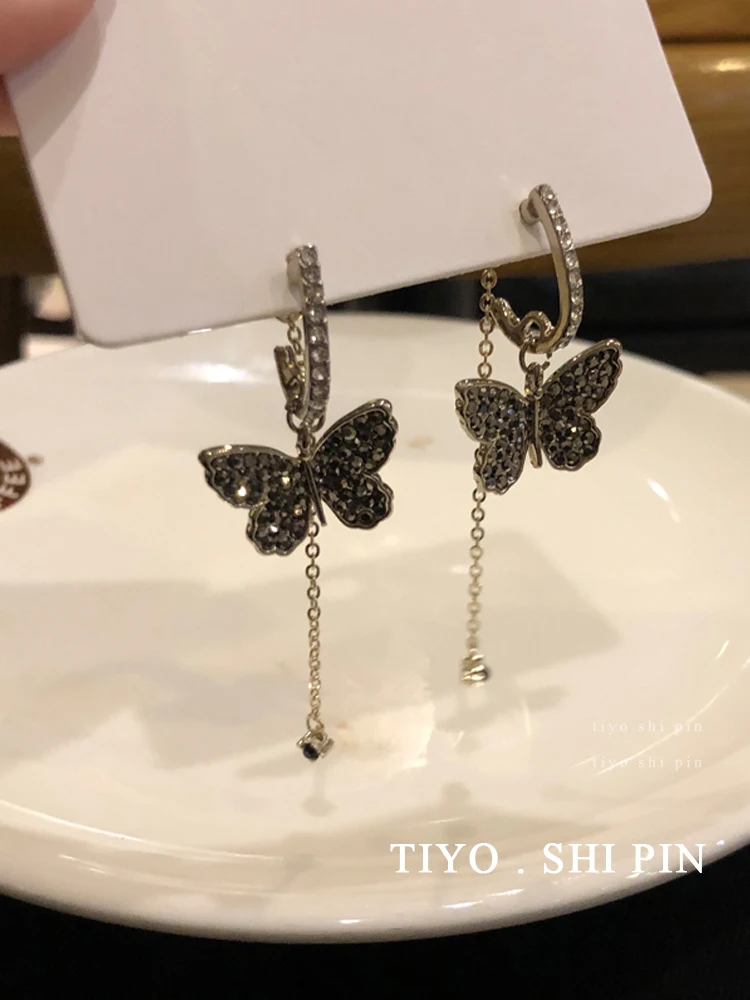 

S925 needle Fashion Butterfly Earrings 2020 New Design Elegant Jewelry High Quality Black Crystal Drop Earrings For Girl Gifts