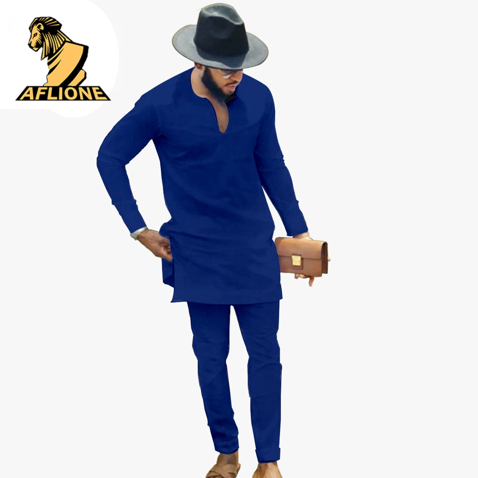 New Spring 2021 African Clothes For Men Dashiki Style Outfits For Men Matching Sets Solid Color V Collar Long Sleeve Robe Suit