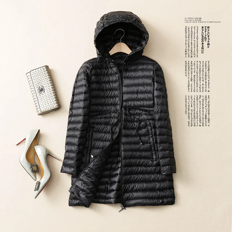Новинка зимняя пуховая куртка средней длины с капюшоном легкий пуховик и поясом