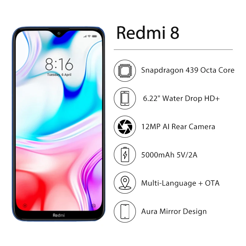 Оригинальный мобильный телефон Xiaomi Redmi 8 4 ГБ 64 5000 мА/ч быстрая зарядка 12 МП камера