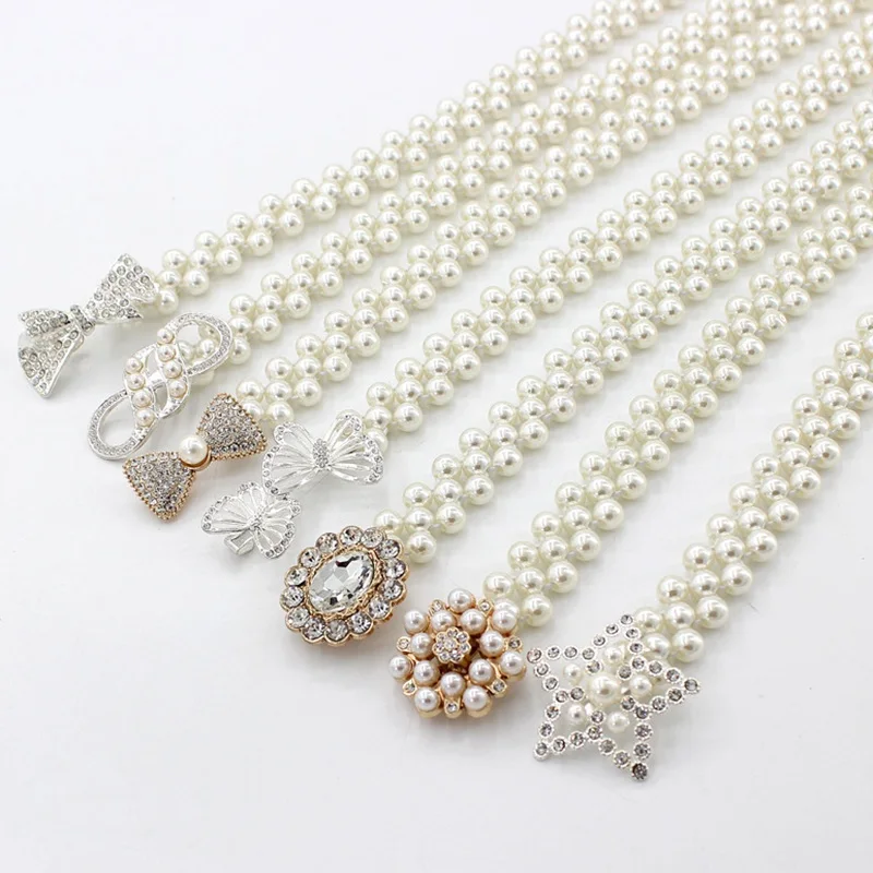 

2021 1PC Elegant Women Pearl Belt Waist Belt Elastic Buckle Pearl Chain Belt Female Girls Dress Crystal Strap
