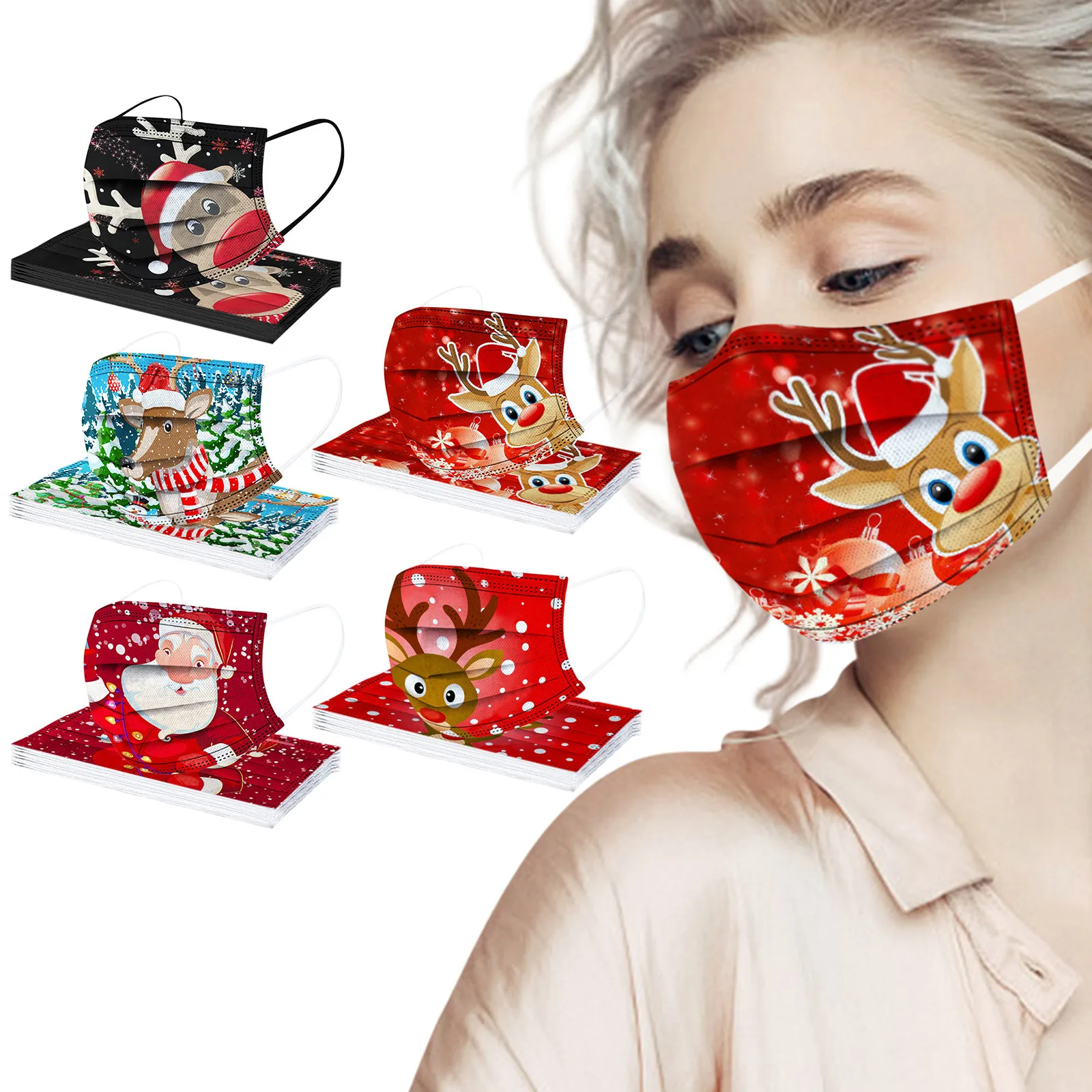 50 шт., одноразовые маски для лица с Санта-Клаусом и оленем