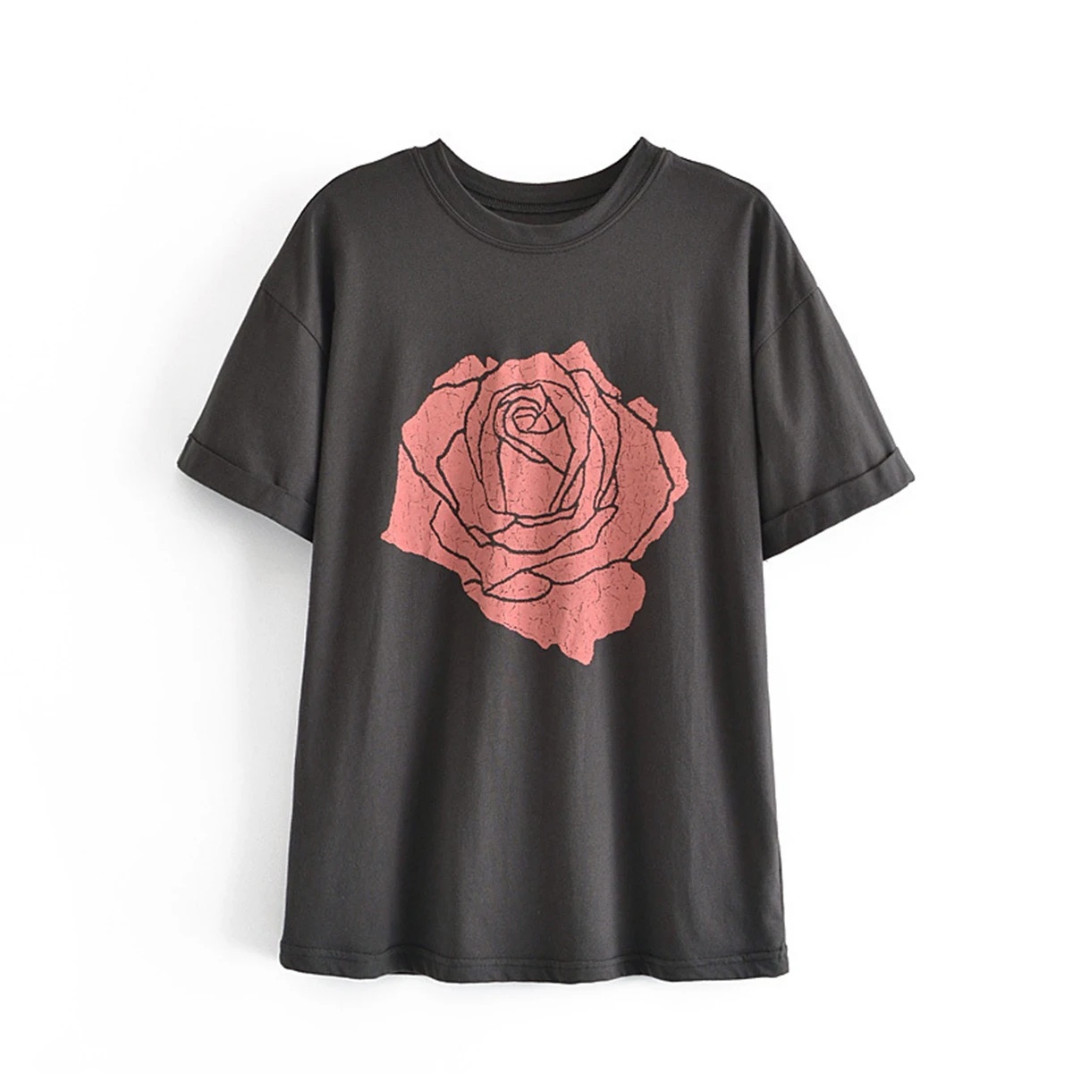 

Jastie Summer Women's T-Shirts 2021 O-Neck Rose Floral Print Pink Tee Black Short Sleeves T-Shirt Bohemian Casual T-Shirt Blusas