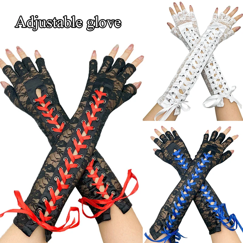 Сексуальные кружевные длинные перчатки, зимние перчатки длиной до локтя, перфорированные регулируемые кружевные перчатки с ремешками, кру...