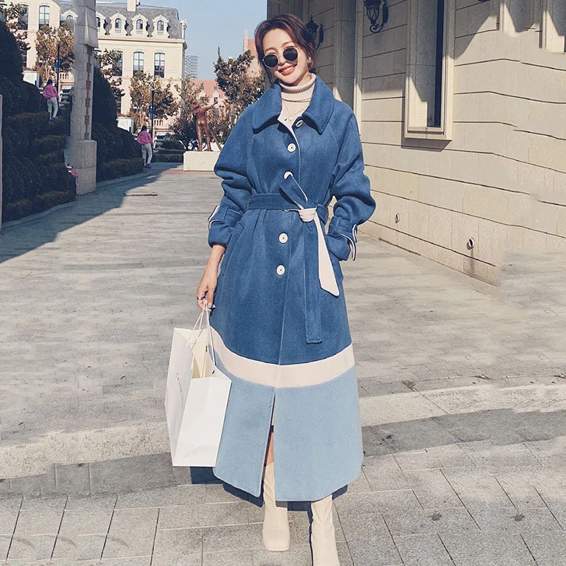 

Women's Woolen Coat Winter Blue Splicing Korean Fashion Temperament Long Ladies Cloak Loose Casual Quality Lined Jacket Female