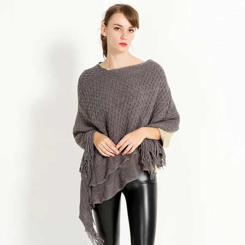 Модные женские вязаные платки и пончо высокого качества из акрила с бахромой, плащи-накидки осень-зима, вязаные шаль-пуловеры.