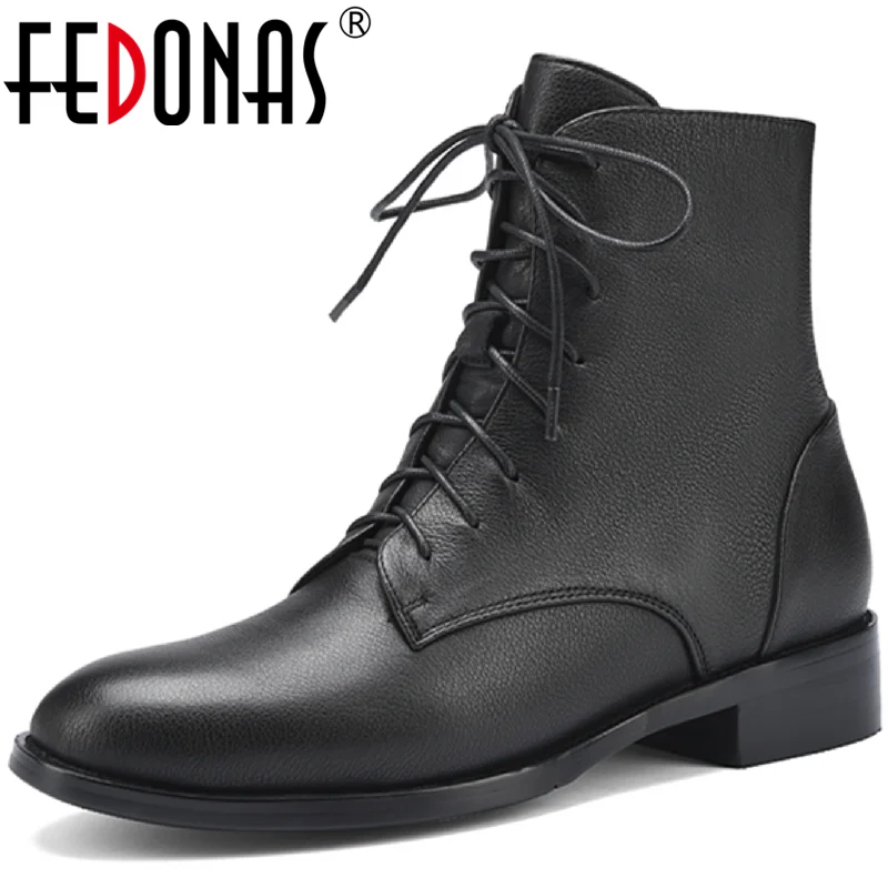 

FEDONAS Vintage Leather Motorcycle Boots Cross Tied Chunky Heels Ankle Boots Autumn Winter Wedding Casual Shoes For Women