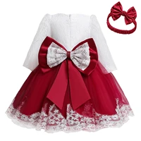 toddler baby girl new year dress kid red christmas costume springautumn long sleeve flower lace cloth children birthday bowgown