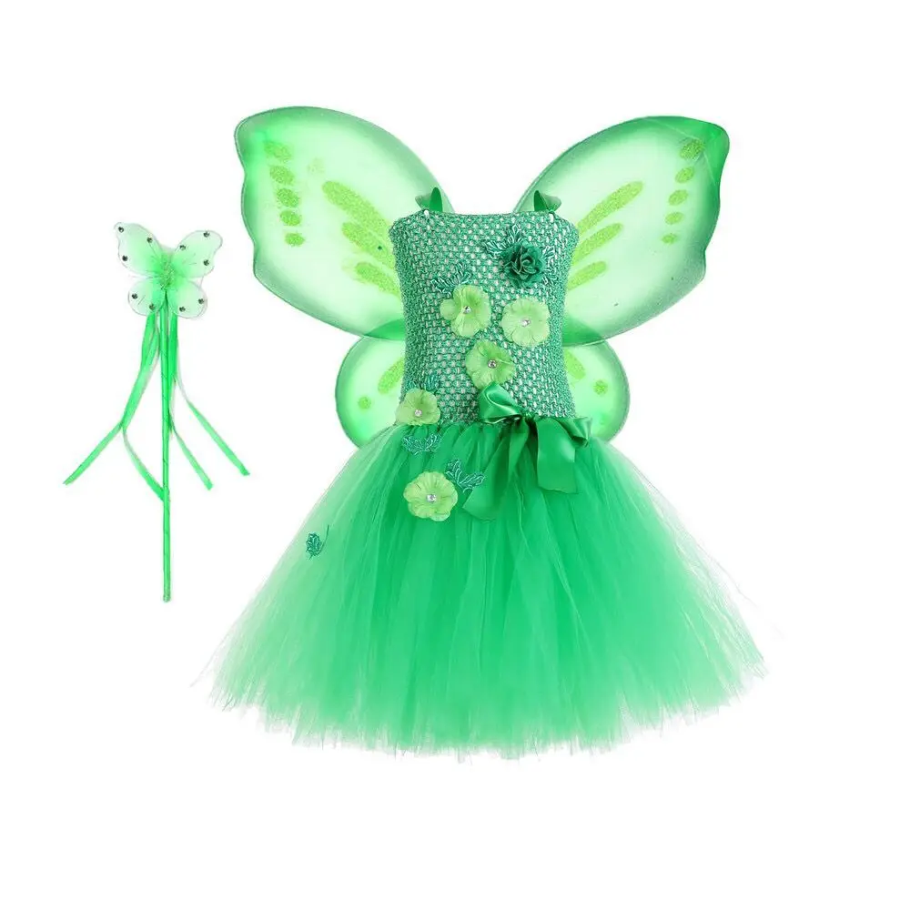 Girls Tinkerbell Magic Fairy Tutu Dress Green Flower Princess costume Children halloween Fancy Costumes outfits with wing wand |