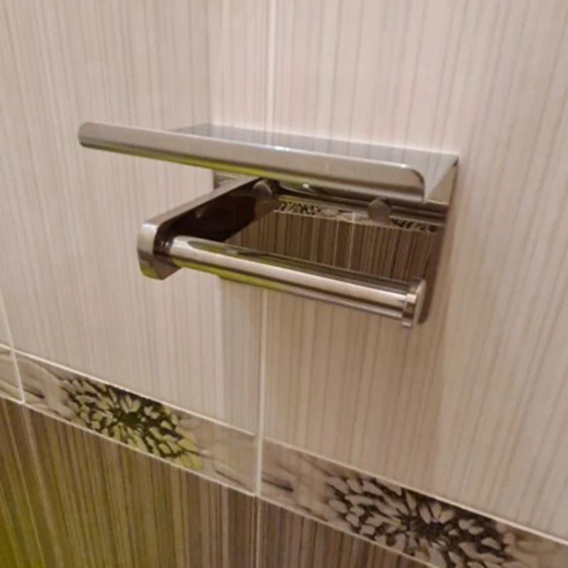 

Stainless Steel Wall Mounted Toilet Roll Paper Holder Bathroom Self-Adhesive Tissue Rack with Mobile Phone Holder