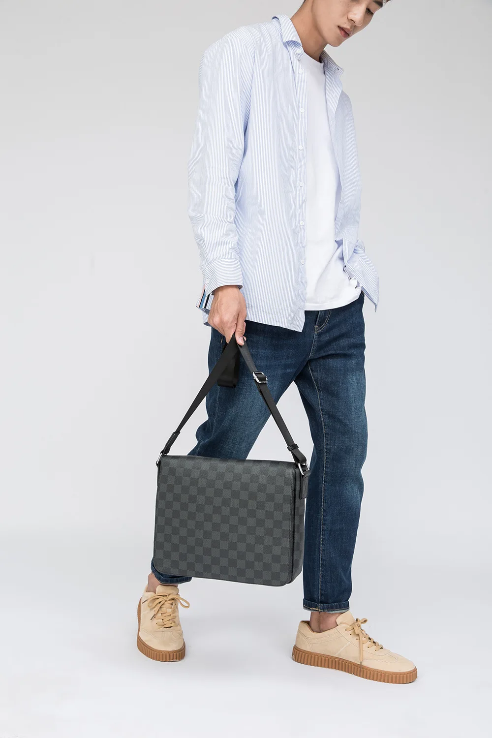 

Mens Black Shoulder Bag Phone Crossbody Plaid Messenger Bag Ipad Business Work Fashion Designer Man 2020 Waterproof Sling Zipper