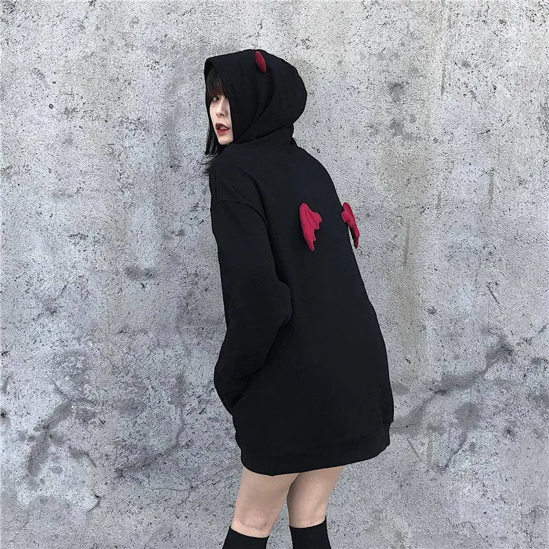 Осенняя теплая толстовка с капюшоном Женская мода Harajuku крыльями дьявола