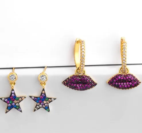 

star lips multicolor Brass micro pave cz zircon cubic zirconia drop Hoop Earrings studs copper gold plated crystal 3gff