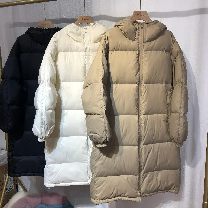 2021 New Winter Women's Hooded Solid Color Zipper Long Oversized Casual White Duck Down Coat For Ladies Fashion Warm Jacket