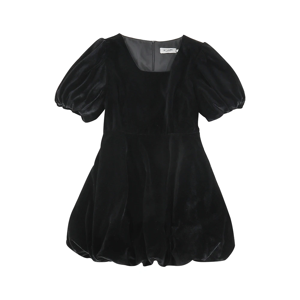 

Black Dress 2021 Spring New Velvet Puff Sleeve Design Sense Niche Gentle Square Collar Temperament Skirt