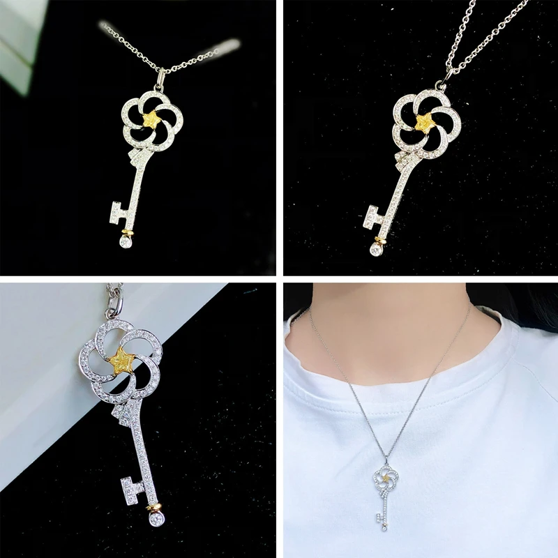 

New Trend Key Pendant Necklace Hollow Flower Exaggeration Fine Jewelry For Women Wedding Engagement Valentine's Day Gifts