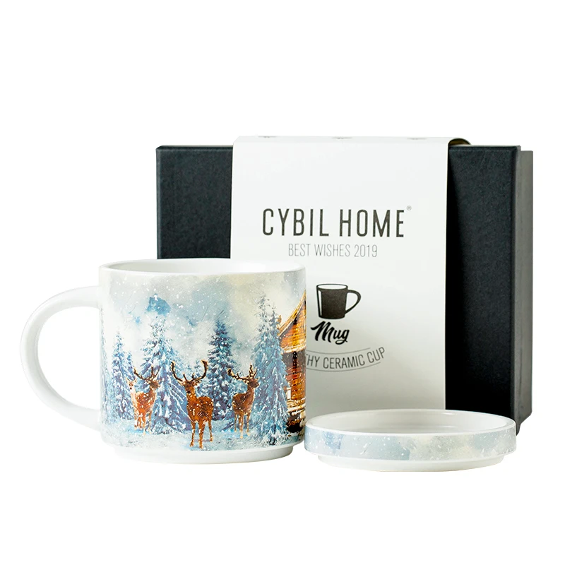 OUSSIRRO 400ml Ceramic Cup Kit Porcelain Constellation Theme LuckyMerry Christmas Mug with Gift Box Christmas Gift for Friends