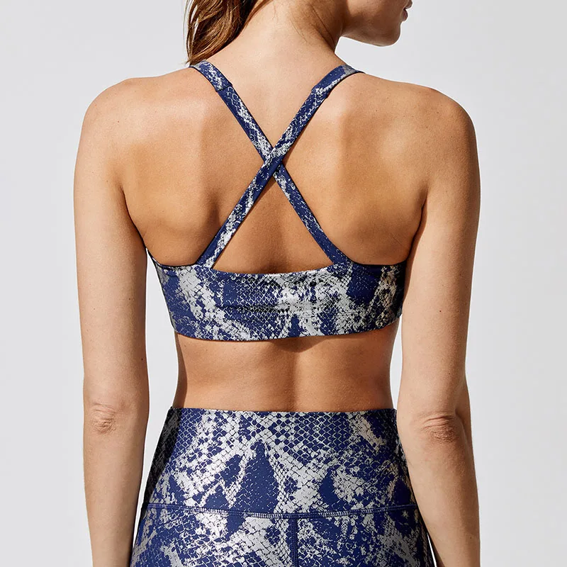 

NORMOV Workout Women Bras Sexy Bronzing Snake Print Cross Backless Underwear Fitness Shockproof Push Up Bras Feminina