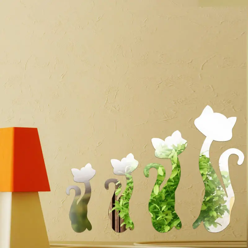 4 милые кошки хрустальные 3D зеркальные настенные наклейки Акриловые Diy украшение