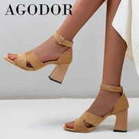 agodor 2021 summer high heel sandals ankle strap woman shoes buckle block heels sandals open toe female footwear brown size 48