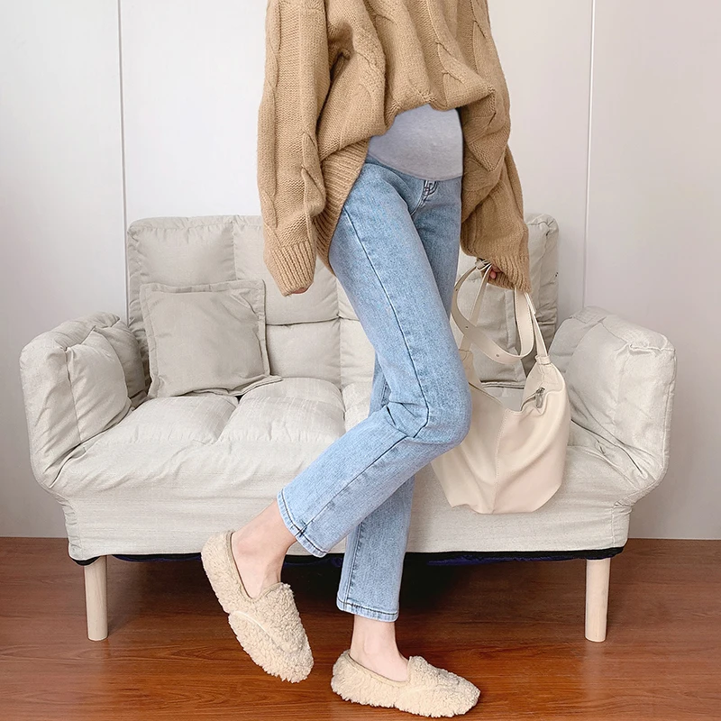 

Spring Summer Thin Stretch Cotton Denim Maternity Jeans 9/10 Belly Casual Pants for Pregnant Women Pregnancy Straight Trousers
