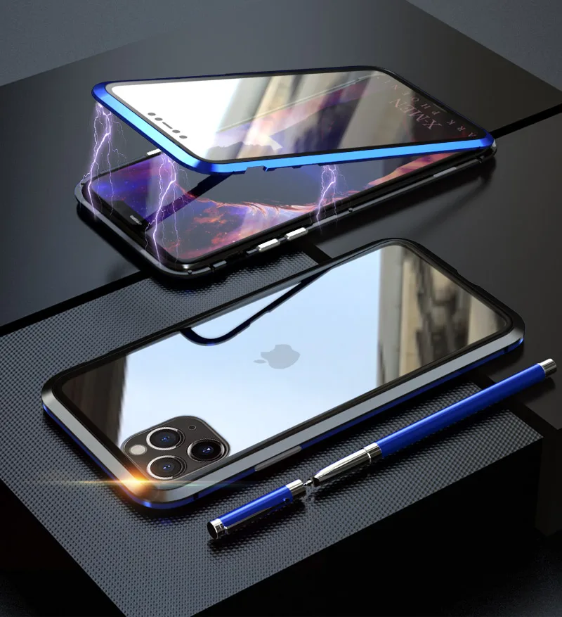 Двойной чехол из закаленного стекла для iPhone 11 Pro Max чехол с металлической рамкой Магнитный противоударный чехол для iPhone 11 Pro Max Shell
