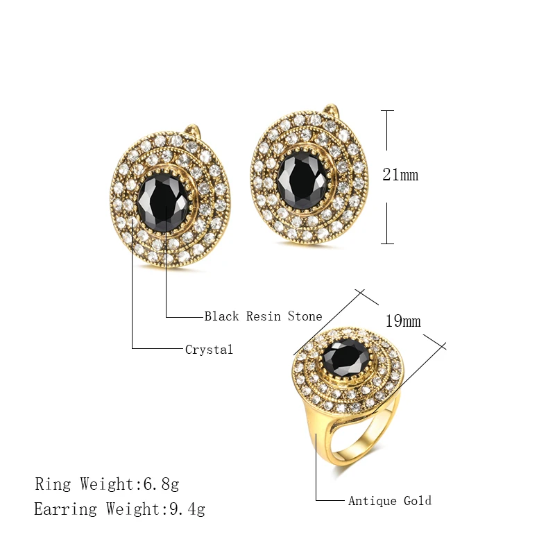 Kinel винтажные черные серьги и кольцо для женщин этнический Свадебный комплект