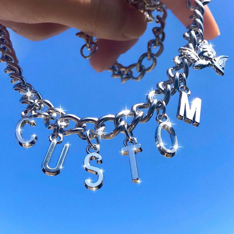 CUSTOM Custom Pendant Necklace Female Letter Alphabet Pendants Charms Collier CUSTOM Charm Name Necklaces Stainless Steel Chain Choker - Окраска металла: CUSTOM