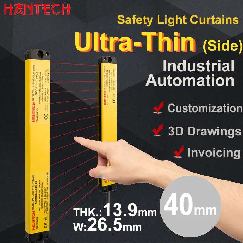 Ultra-Thin Side 40mm 4 Points Safety Light Curtains Infrared Alignment Photoelectric Sensor Protection Industrial Automation